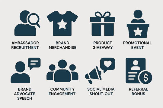 Brand ambassador solid icons set – marketing, merchandise, promotional event symbols