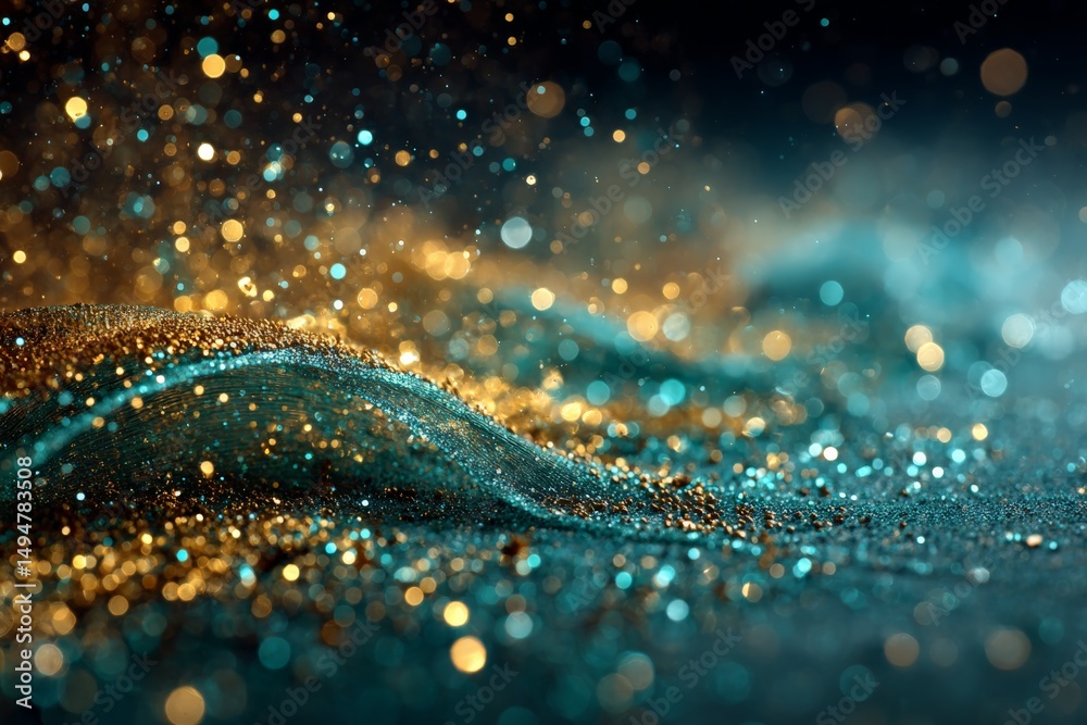 Leinwandbilder Capture of shimmering particles creating a magical wave-like effect in turquoise and gold hues during a creative artistic display