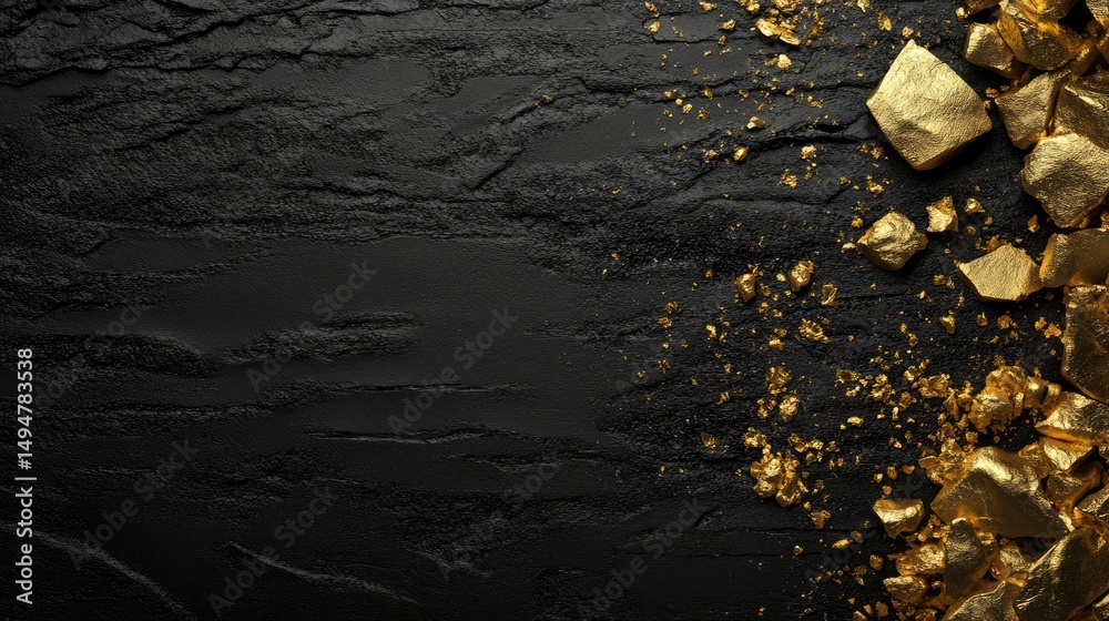 Poster matte black background with gold dust particles softly scattered across the surface