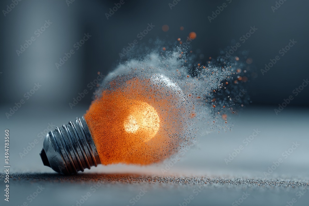 Poster Dynamic explosion of a light bulb creating vivid sparks and dust in a modern studio environment at dusk