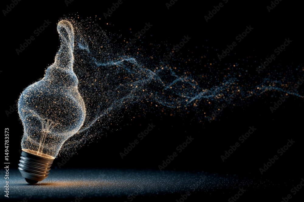 Poster Light bulb shaped like an ice cream cone emits particles in a dark environment, illustrating creativity and innovation in design