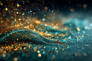 Capture of shimmering particles creating a magical wave-like effect in turquoise and gold hues during a creative artistic display