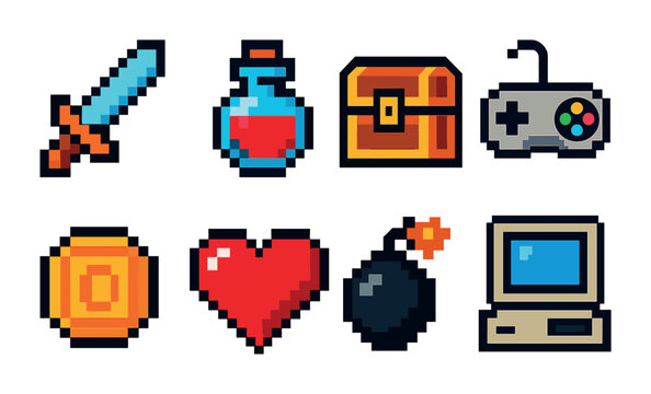Retro gaming pixel art icons set – pixelated, vintage video game elements
