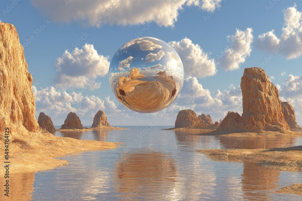 Poster surreal landscape featuring a floating reflective sphere above tranquil waters in a rocky desert at 