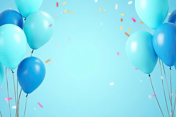 A dynamic, cinematic banner scene for a festive indoor celebration. The banner is draped between two pillars, surrounded by clusters of air-filled balloons in vibrant shades &mdash; ruby red, royal blue, em