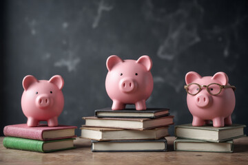 Three pink piggy banks sitting on top of a stack of books