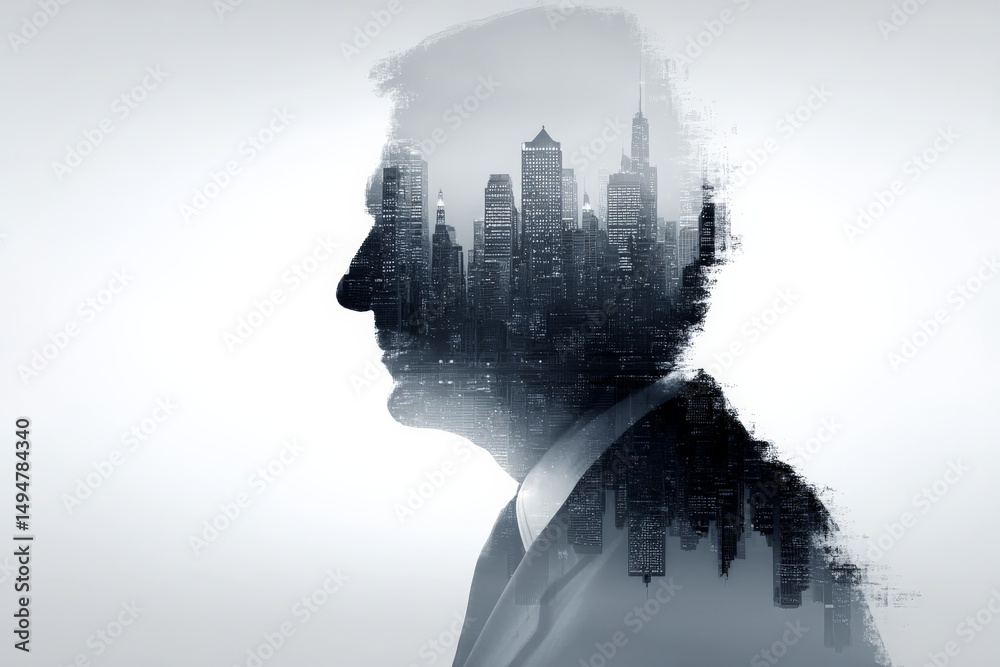 Aufkleber Silhouette of a man with cityscape blending on a white background at twilight