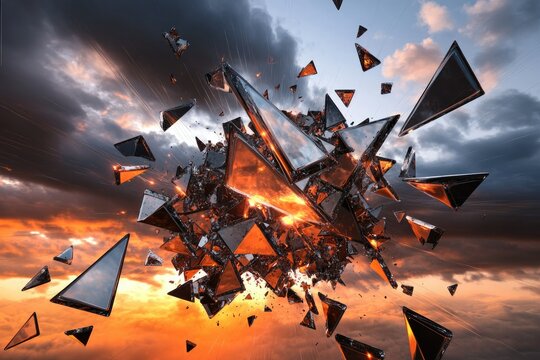 Exploding metallic triangular fragments against a vibrant sunset sky