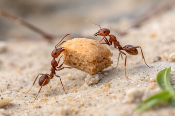 couple of red ants carrying their food