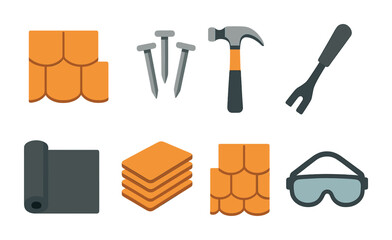 Roofing tools icons set – flat, filled, repair and construction symbols