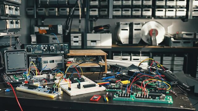 Workshop with cables and electronic mechanisms.