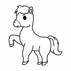 A playful horse drawn in black and white line art, suitable for farm or pony themes.
