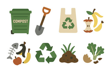 Eco recycling flat icons set &ndash; compost, sustainability, waste management symbols