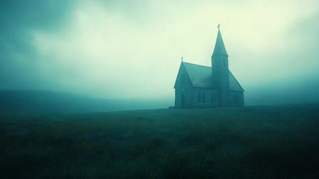Lonely church in a misty dark landscape at night