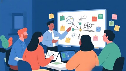 Business Team Brainstorming Session: Diverse Group Meeting and Discussing Strategy, Presenter Pointing to Diagram on Whiteboard in a Dark Office, 4k