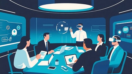 Business Team in a Futuristic Boardroom Using VR Headsets for Virtual Collaboration and Data Visualization,4k