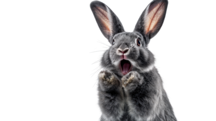 Cute fluffy rabbit is shocked and covers its mouth with its paws