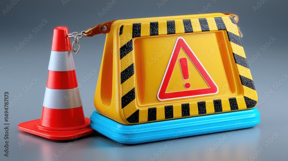 Poster traffic cone and additional traffic cone indicating attention required for blockchain-backed policy 