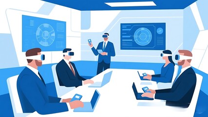 Futuristic Business Meeting with Executives Wearing VR Headsets in a Virtual Reality Conference Room, 4k 