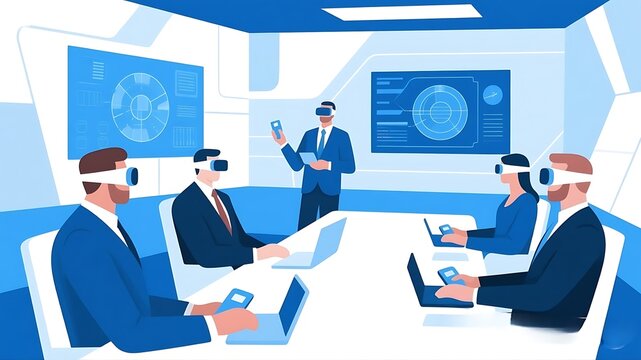Futuristic Business Meeting with Executives Wearing VR Headsets in a Virtual Reality Conference Room, 4k 
