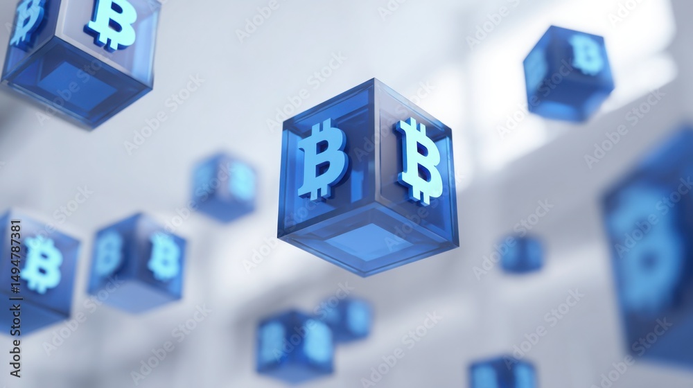 Poster blue cubes featuring bitcoin representing decentralized subsidy issuance model in blockchain technol