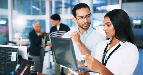 People, developer and manager on laptop in office of programming, coding training and check server....