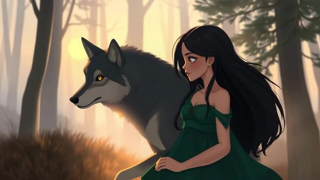 Young woman sitting with wolf in serene forest during sunset  