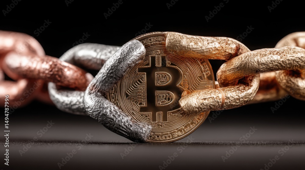 Poster bitcoin chain illustrating blockchain technology and financial transactions with implications for ma