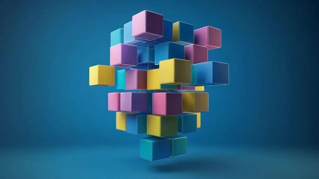 Abstract composition of colorful cubes  A cluster of various sized multi-colored cubes in a 3D arrangement