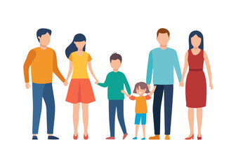 Obraz premium Parents standing with their children. Mother, father and kids together. Happy family concept. Vector illustration.