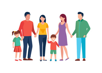 Obraz premium Parents standing with their children. Mother, father and kids together. Happy family concept. Vector illustration.