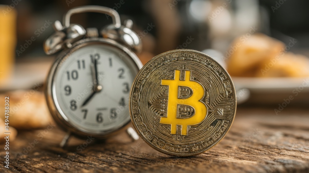 Poster clock and bitcoin coin combination representing blockchain-hosted fibonacci extension scheduling con