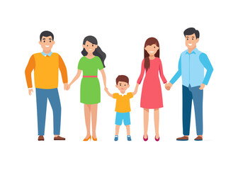 Parents standing with their children. Mother, father and kids together. Happy family concept. Vector illustration.
