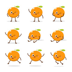 Cute Smiling Orange Character. Kawaii Orange Fruit Mascot Style Vector. Cute vector character set in various action emotions. Collection symbols isolated on a white background