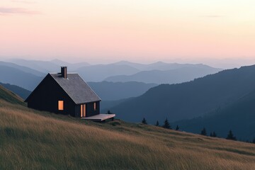 Obraz premium Secluded mountain cabin at sunset, glowing window