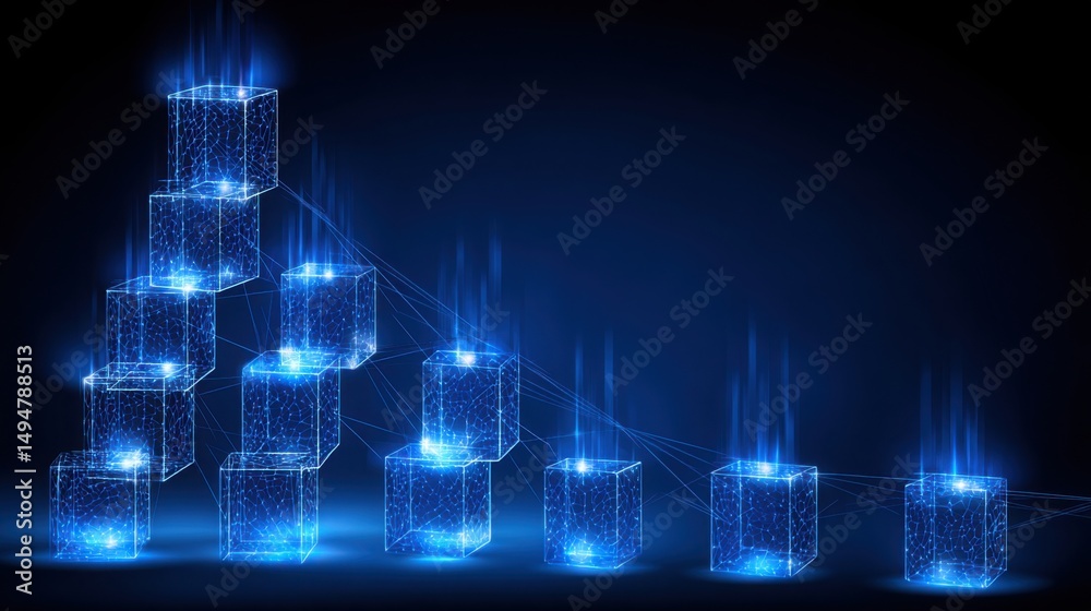 Poster blue glowing cubes on a dark background representing advanced blockchain systems and financial trans