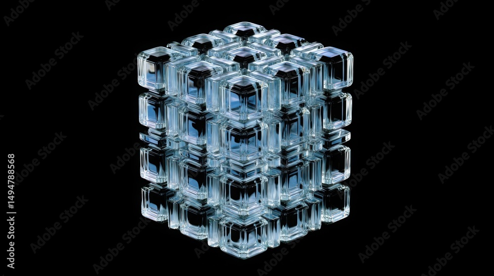 Poster cube of clear ice reflecting light and forming unique patterns symbolizing transparency in financial