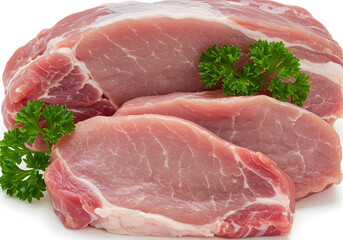 fresh raw pork meat steaks parsley isolated backdrop