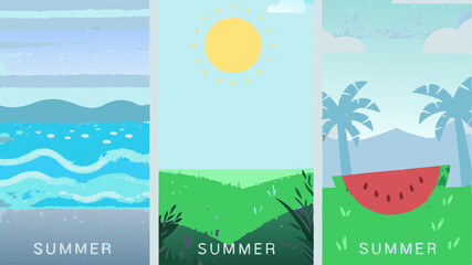 Fototapeta premium Three summer scenes depicting ocean waves, a sunny landscape, and a watermelon under palm trees, all in a flat style