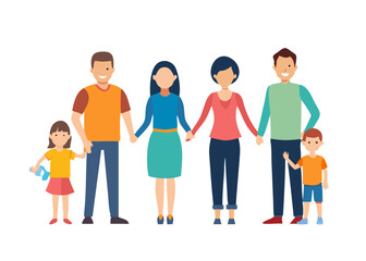 Obraz premium Parents standing with their children. Mother, father and kids together. Happy family concept. Vector illustration.
