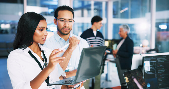 People, meeting and developer on laptop in office of programming, coding training and check server. Team, manager and helping for app testing, IT intern and web application and troubleshooting system