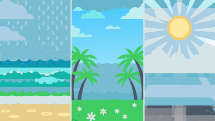 Three panels depicting different weather conditions at the beach with sun rain and palm trees view