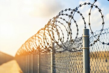 Razor wire atop chain link fence, sunlit. Security, confinement, boundary