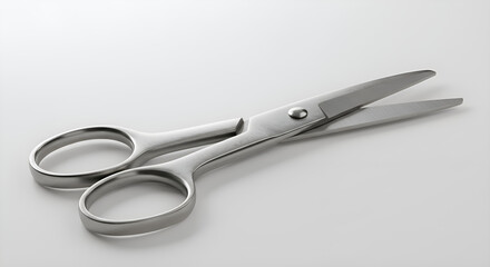 Pair of silver safety scissors with rounded tips, placed diagonally on white surface