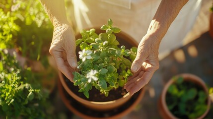 Elderly hands nurturing a small plant in a sunlit garden during the morning