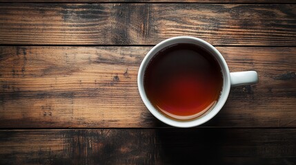A cup of black tea on a wooden background