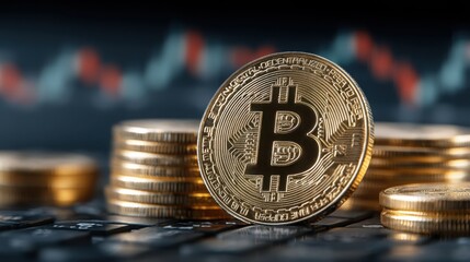 Bitcoin coin resting on a laptop displaying digital asset accumulation and distribution model in blockchain finance