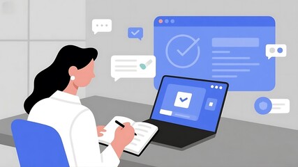 Flat Design Illustration of a Woman Managing Tasks, Checking Checklists, and Taking Notes on a Laptop, 4k
