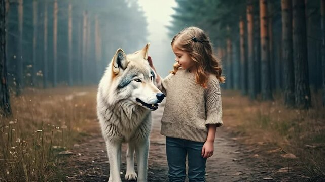 Young girl looking at wolf while walking in forest during the day  