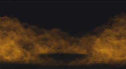 Fototapeta premium Orange Smoke effect on transparent dark background. Fog gray cloud above the floor surface with an empty spot
